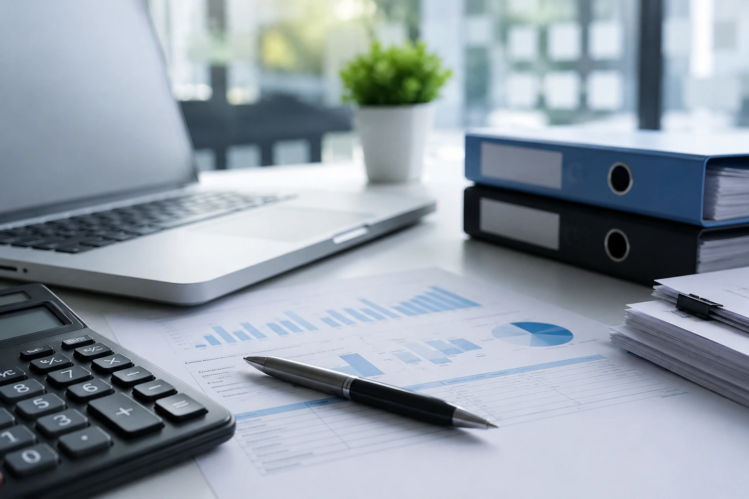 M.S. Associates professional tax consultancy and business support workspace with financial reports, calculator, laptop, and accounting documents